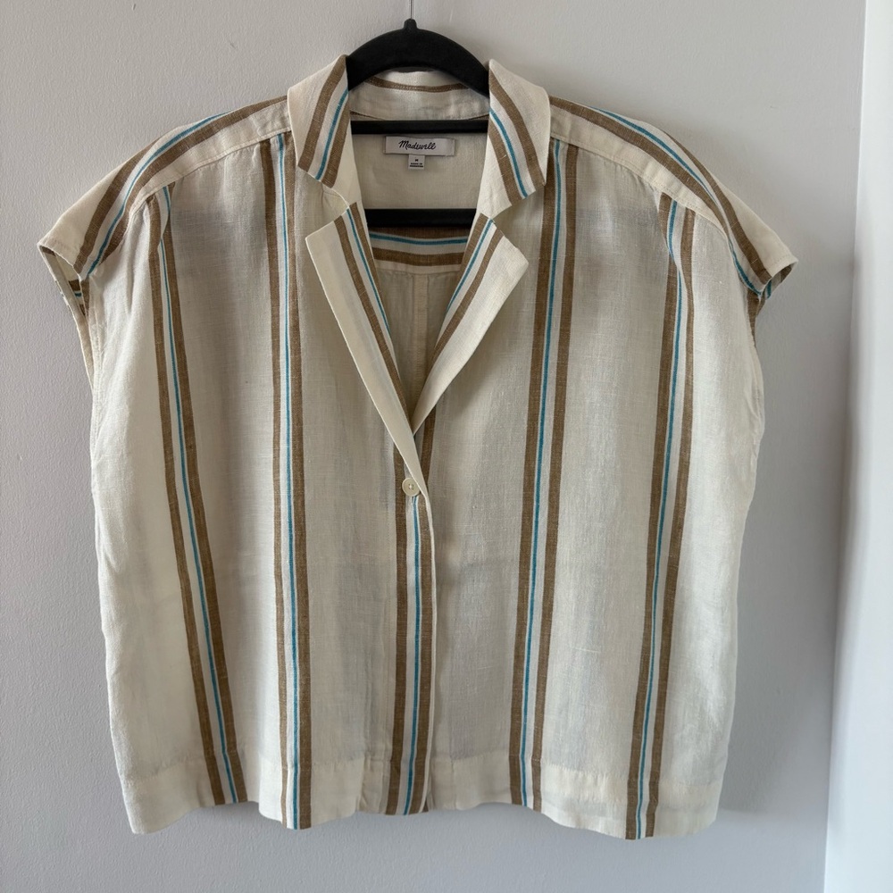 Madewell Boxy Cap Sleeve Shirt in Stripe 100% Linen Size M Rare Find! - Picture 7 of 14
